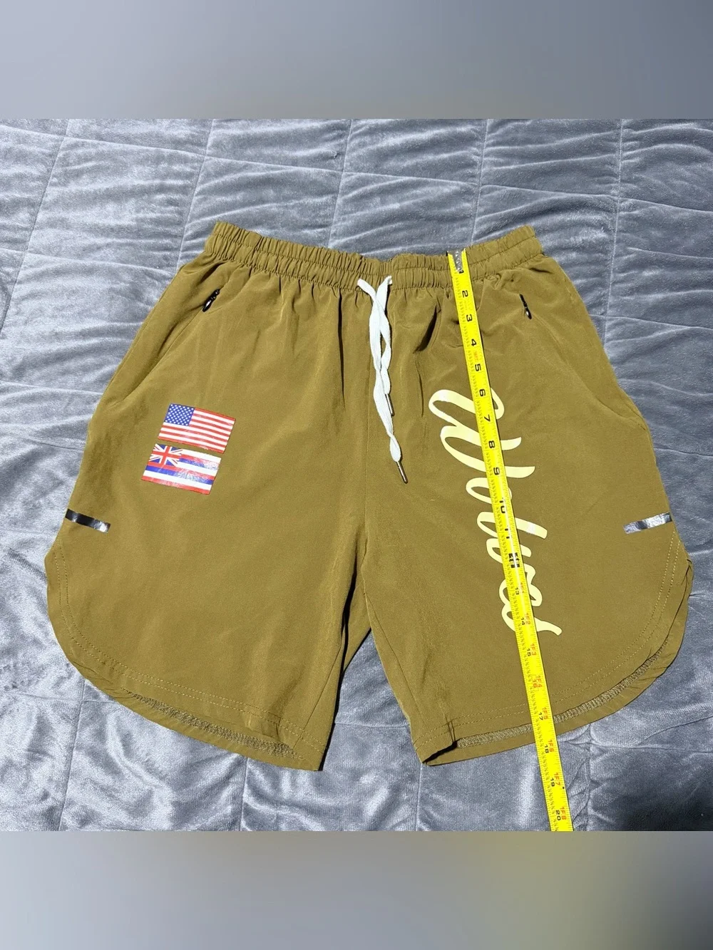 Gigante Gym Wolves XL Olive Green Athletic Shorts USA Hawaii Flags